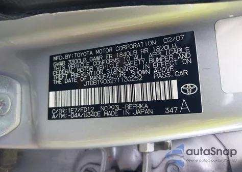 2007 Toyota Yaris from USA, damaged, VIN JTDBT903271130252